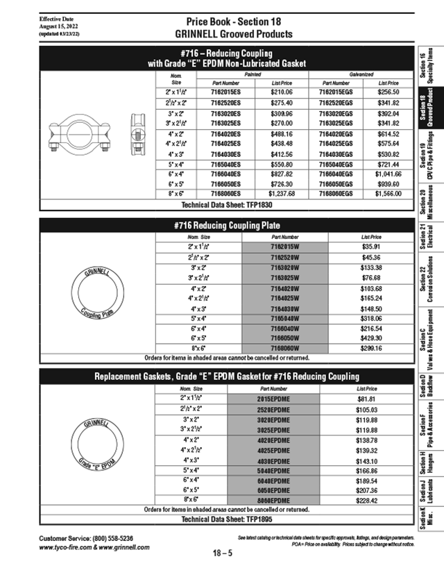 GRINNELL G-FIRE Fire Protection Grooved Products Price List