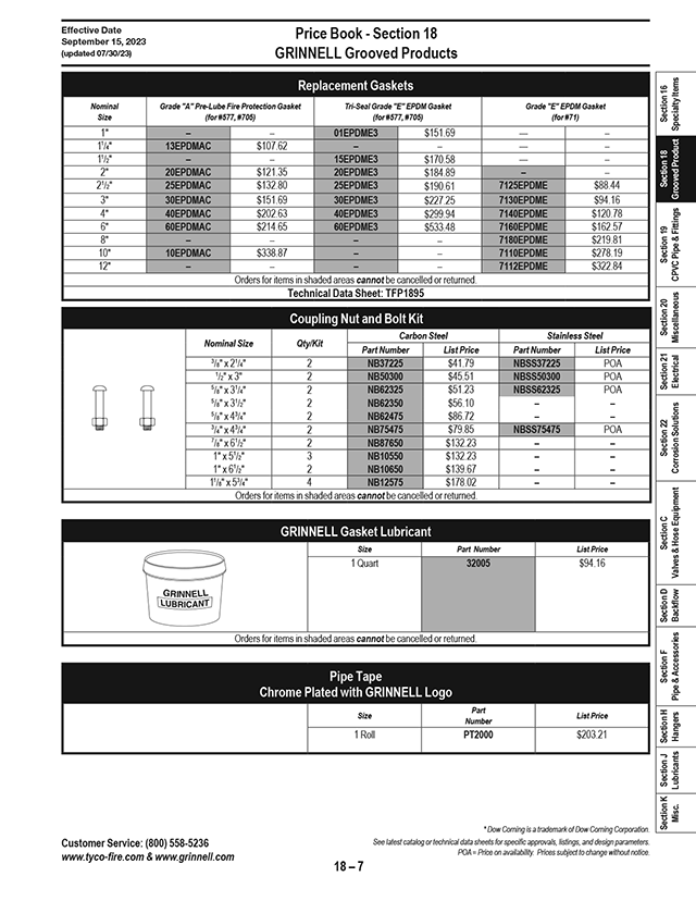 GRINNELL G-FIRE Fire Protection Grooved Products Price List